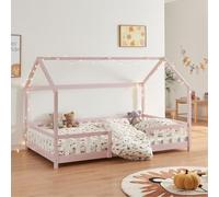 [en.casa] Letto Casetta per Cameretta Letto Piazza e Mezza per Bambini con Barriere di Protezione Struttura in Legno di Pino con Zona di Riposo 120x200 cm Rosa/Bianco