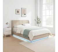[en.casa] Letto Contenitore con Apertura a Ribalta e Luce LED Letto Matrimoniale 160x200 cm Struttura con Vano di Stoccaggio e Testiera Rivestimento in Effetto Lino - Beige