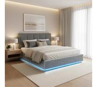 [en.casa] Letto Contenitore con Apertura a Ribalta e Luce LED Letto Matrimoniale 160x200 cm Struttura con Vano di Stoccaggio e Testiera Rivestimento in Effetto Lino - Antracite