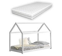 [en.casa] Letto per Bambino a Forma di Casetta con Materasso Ipoallergenico a Schiuma Fredda 70x140 cm Struttura in Legno in Stile Montessori - Color Bianco
