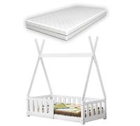 [en.casa] Letto per Cameretta a Forma di Capanna con Sponde Anticaduta e Materasso 70x140 cm Tipi per Bimbi Design Montessori Legno di Pino - Bianco