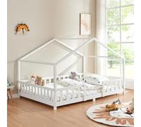 [en.casa] Letto per Cameretta a Forma di Casetta con Barriera di Protezione Letto Francese per Bambini in Stile Montessori Struttura in Legno di Pino 140 x 200 cm Bianco