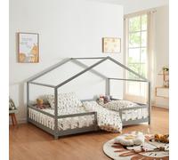 [en.casa] Letto per Cameretta a Forma di Casetta con Barriera di Protezione Letto Francese per Bambini Struttura in Legno di Pino 140 x 200 cm Grigio Chiaro/Bianco