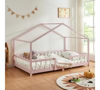 [en.casa] Letto per Cameretta a Forma di Casetta con Barriera di Protezione Letto Francese per Bambini Struttura in Legno di Pino 140 x 200 cm Rosa/Bianco