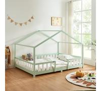 [en.casa] Letto per Cameretta a Forma di Casetta con Barriera di Protezione Letto Francese per Bambini Struttura in Legno di Pino 140 x 200 cm Menta Verde/Bianco