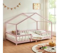 [en.casa] Letto per Cameretta a Forma di Casetta con Barriera di Protezione Letto Piazza e Mezza Montessori per Bambini Struttura in Legno di Pino 120 x 200 cm Rosa/Bianco