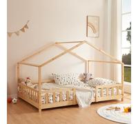 [en.casa] Letto per Cameretta a Forma di Casetta con Barriera di Protezione Letto Piazza e Mezza Montessori per Bambini Struttura in Legno di Pino 120 x 200 cm Naturale