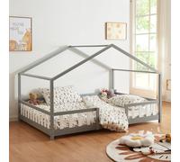 [en.casa] Letto per Cameretta a Forma di Casetta con Barriera di Protezione Letto Piazza e Mezza per Bambini Struttura in Legno di Pino 120 x 200 cm Grigio Chiaro/Bianco