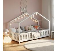 [en.casa] Letto per Cameretta a Forma di Casetta con Barriera di Protezione Letto Singolo per Bambini Struttura in Legno di Pino 90 x 200 cm Bianco