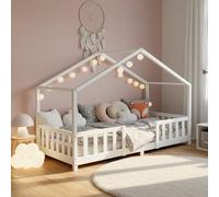 [en.casa] Letto per Cameretta a Forma di Casetta con Barriera di Protezione Letto Singolo per Bambini Struttura in Legno di Pino 70 x 140 cm Bianco