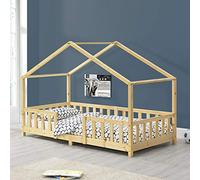 [en.casa] Letto per Cameretta a Forma di Casetta con Barriera di Protezione Letto Singolo per Bambini Struttura in Legno di Pino 90 x 200 cm Naturale