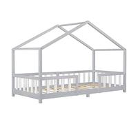 [en.casa] Letto per Cameretta a Forma di Casetta con Barriera di Protezione Letto Singolo per Bambini Struttura in Legno di Pino 90 x 200 cm Grigio Chiaro/Bianco