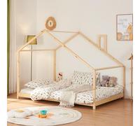 [en.casa] Letto per Cameretta a Forma di Casetta con Comignolo Letto Francese per Bambini Stile Montessori Struttura in Legno di Pino 140 x 200 cm Naturale