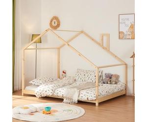 [en.casa] Letto per Cameretta a Forma di Casetta con Comignolo Letto Francese per Bambini Stile Montessori Struttura in Legno di Pino 140 x 200 cm Naturale