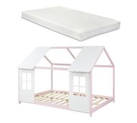 [en.casa] Letto per Cameretta a Forma di Casetta con Finestra e Tettuccio Letto 1 Piazza e Mezza per Bambini con Materasso 120 x 200 cm Struttura in Legno di Pino - Rosa/Bianco