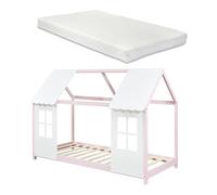 [en.casa] Letto per Cameretta a Forma di Casetta con Finestra e Tettuccio Letto Singolo per Bambini con Materasso 90 x 200 cm Struttura in Legno di Pino - Rosa/Bianco