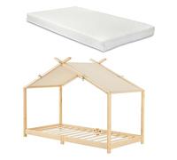 [en.casa] Letto per Cameretta a Forma di Casetta con Tettuccio in Tessuto + Materasso a Sciuma Fredda 90x200 cm Letto Singolo per Bambini Struttura in Legno di Pino color Naturale