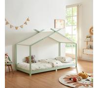 [en.casa] Letto per Cameretta a Forma di Casetta con Tettuccio in Tessuto Zona di Riposo 90x200 cm Letto Singolo per Bambini Struttura in Legno di Pino - Menta Verde