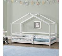 [en.casa] Letto per Cameretta a Forma di Casetta Letto per Bambini con Barriere di Sicurezza 70 x 140 cm Struttura in Legno di Pino con Sponde - Bianco