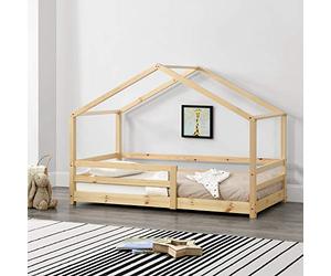 [en.casa] Letto per Cameretta a Forma di Casetta Letto per Bambini con Barriere di Sicurezza 70 x 140 cm Struttura in Legno di Pino con Sponde - Naturale