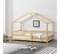 [en.casa] Letto per Cameretta a Forma di Casetta Letto per Bambini con Barriere di Sicurezza 80 x 160 cm Struttura in Legno di Pino con Sponde - Naturale