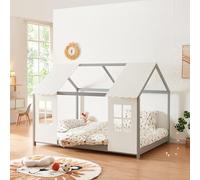 [en.casa] Letto per Cameretta a Forma di Casetta Semiaperta con Finestra e Tettuccio Letto 1 Piazza e Mezza per Bambini Struttura in Legno di Pino 120 x 200 cm Grigio/Bianco