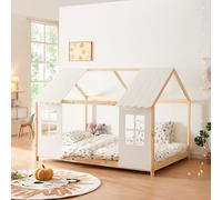[en.casa] Letto per Cameretta a Forma di Casetta Semiaperta con Finestra e Tettuccio Letto Francese per Bambini Struttura in Legno di Pino Zona di Riposo 140 x 200 cm Naturale/Bianco