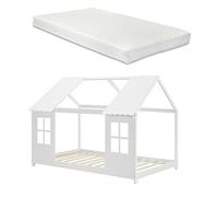 [en.casa] Letto per Cameretta a Forma di Casetta Semiaperta con Finestra e Tettuccio Letto Singolo per Bambini con Materasso 90 x 200 cm Struttura in Legno di Pino Bianco