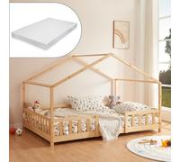 [en.casa] Letto per Cameretta Letto a Forma di Casetta con Barriera di Protezione per Bambini Struttura in Legno di Pino Materasso a Schiuma Fredda 140x200 cm Naturale