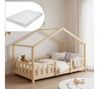 [en.casa] Letto per Cameretta Letto a Forma di Casetta con Barriera di Protezione per Bambini Struttura in Legno di Pino Materasso a Schiuma Fredda 70x140 cm Naturale