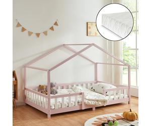 [en.casa] Letto per Cameretta Letto a Forma di Casetta con Barriera di Protezione per Bambini Struttura in Legno di Pino Materasso a Schiuma Fredda 140x200 cm Rosa