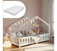 [en.casa] Letto per Cameretta Montessori Letto a Forma di Casetta con Barriera di Protezione per Bambini Struttura in Legno di Pino Materasso a Schiuma Fredda 70x140 cm Bianco