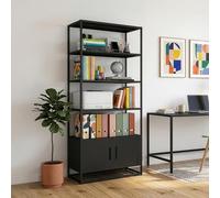 [en.casa] Libreria Scaffale in Acciaio con Ripiani Aperti e Armadietto Mobile Espositore Contenitore in Stile industriale 180x80x40 cm Nero opaco