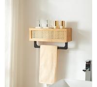 [en.casa] Mensola da Parete con Cesta Portaoggetti Frontale Effetto Rattan e Asta Portasciugamani Scaffale Pensile in Bambù 36x13x19 cm Bagno Cucina Ingresso - Nero/Naturale