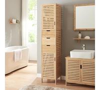 [en.casa] Mobile a Colonna da Bagno con 3 Cassetti e 2 Ante Mobile Alto da Terra 180 x 35 x 35 cm a Doghe con Scomparti Chiusi per Lavanderia Corridoio - Bambù Naturale