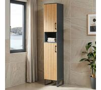 [en.casa] Mobile a Colonna da Terra a 2 Ante in Bambù Armadietto Alto da Bagno con 5 Scomparti Chiusi e Vano Aperto Base in Metallo per Corridoio Cucina 170 x 30 x 30 cm - Grigio Scuro/Naturale