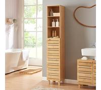 [en.casa] Mobile a Colonna da Terra per Bagno Lavanderia Corridoio Mobile Alto 180 x 33 x 30 cm con Scomparti Aperti e Chiusi da Anta e Ripiano - Bambù Naturale