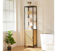 [en.casa] Mobile a Colonna per Bagno Mobile Stretto Alto con Ripiani e Armadietto con Anta Traforata Effetto Rattan Arredo Bagno da Stoccaggio 172 x 40 x 35 cm Nero/Naturale