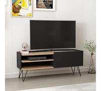 [en.casa] Mobile Basso per Soggiorno (AxLxP) 50 x 124 x 37 cm Supporto TV con Passaggio Cavi e Gambe A Forcina Consolle con Scomparti e Anta a Ribalta - Nero/Effetto Legno