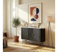 [en.casa] Mobile Contenitore a 3 Ante Credenza con 4 Scomparti e Pannelli Decorativi Madia Buffet con Ripiani per Soggiorno Sala da Pranzo Ingresso 110 x 40 x 77 cm - Nero/Effetto Marmo Bianco