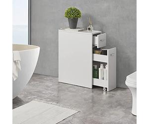 [en.casa] Mobile da Bagno Basso Stretto con 2 Cassetti Armadietto Multiuso per Cucina Lavanderia 61x20x45 cm Cassetto Estraibile a Ripiani e Rotelle - Bianco