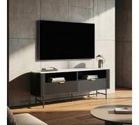 [en.casa] Mobile Porta TV con Cassetti e Scomparti Aperti Supporto Televisore Stand Multimediale per Soggiorno Studio Living 140x40x55cm Nero/Effetto Marmo Bianco