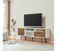[en.casa] Mobile Porta TV con Cassetto 3 Scomparti Aperti Armadio Basso da Archivio ad Anta Vani Chiusi Stand Centro Multimediale 165x40x66 cm Soggiorno Salotto - Bianco/Effetto Noce