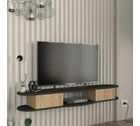 [en.casa] Mobile Porta TV da Parete a 2 Scomparti Chiusi da Ante a Ribalta Vano Aperto Mensola Sospesa Stand Multimediale con Fori Passacavi 150x35x19 cm - Antracite/Effetto Rovere