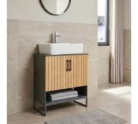 [en.casa] Mobile Sottolavabo da Terra a 2 Ante in Bambù con 2 Scomparti Chiusi e Vano Aperto Armadio da Bagno Sotto Lavandino Ritaglio Sifone 70 x 60 x 30 cm - Grigio Scuro/Naturale