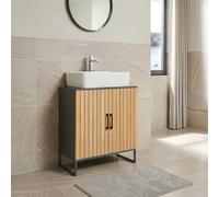 [en.casa] Mobile Sottolavabo da Terra a 2 Ante in Bambù con 3 Scomparti Vani Chiusi Armadio da Bagno Sotto Lavandino Ritaglio Sifone 70 x 60 x 30 cm - Grigio Scuro/Naturale