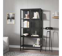 [en.casa] Mobile Vetrina in Acciaio e Vetro Temperato Armadio con Ante Doppie e Ripiano Inferiore Libreria Credenza Design Industriale 160 x 80 x 35 cm Nero