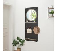 [en.casa] Pannello Ingresso con Specchio Rotondo Mensole e Ganci Appendi Accessori Mobile da Parete per Ingresso Corriodio 140 x 60 x 16 cm Nero/Effetto Legno