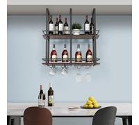 [en.casa] Portabottiglie Sospeso da Soffitto con 2 Piani in MDF per Vino e Struttura in Metallo con Binari per Calici e Ganci per Tazze 80x30x85 cm Nero/Effetto Noce