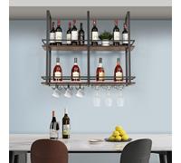 [en.casa] Portabottiglie Sospeso da Soffitto con 2 Piani in MDF per Vino e Struttura in Metallo con Binari per Calici e Ganci per Tazze 100x30x85 cm Nero/Effetto Noce